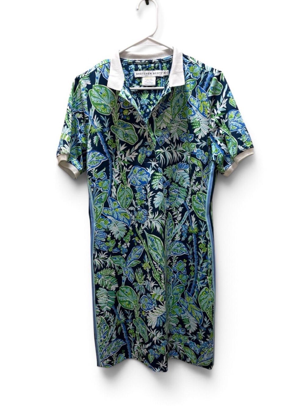 Gretchen Scott Floral Tropical Polo-Style Dress in Green and Blue, Size Medium